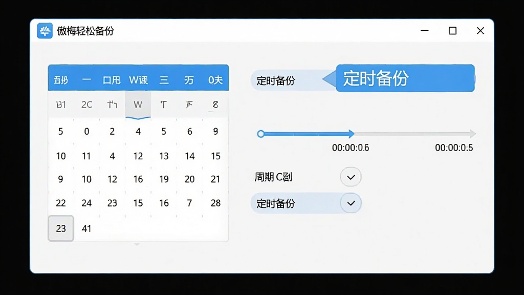 傲梅轻松备份的定时设置界面,日历式日期选择器,时间轴与周期选项,界面明亮,标注“定时备份”,画质干净