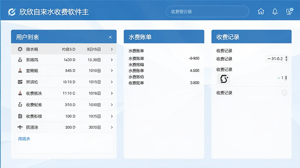 欣欣自来水收费软件水费管理系统主界面,展示用户列表、水费账单、收费记录等核心模块,布局清晰,现代商务风格,蓝色调为主,界面干净整洁,画质清晰,无多余元素