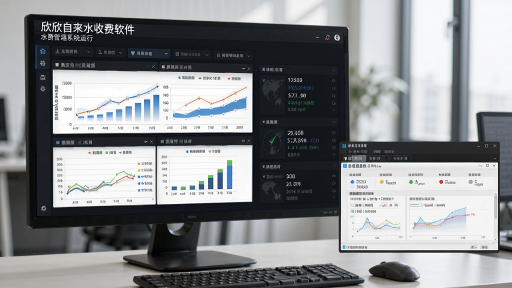 欣欣自来水收费软件水费管理系统运行界面,显示报表图表、数据备份界面,暗色背景,数据可视化风格,办公场景,画质干净,无多余元素