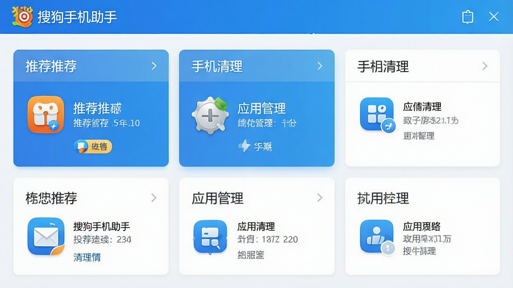 一张展示搜狗手机助手主界面的高清截图,界面包含应用推荐、手机清理、应用管理等模块,整体风格简约现代,色彩以蓝色和白色为主,图标清晰,布局合理,画质干净,无多余元素,文字标注“搜狗手机助手”