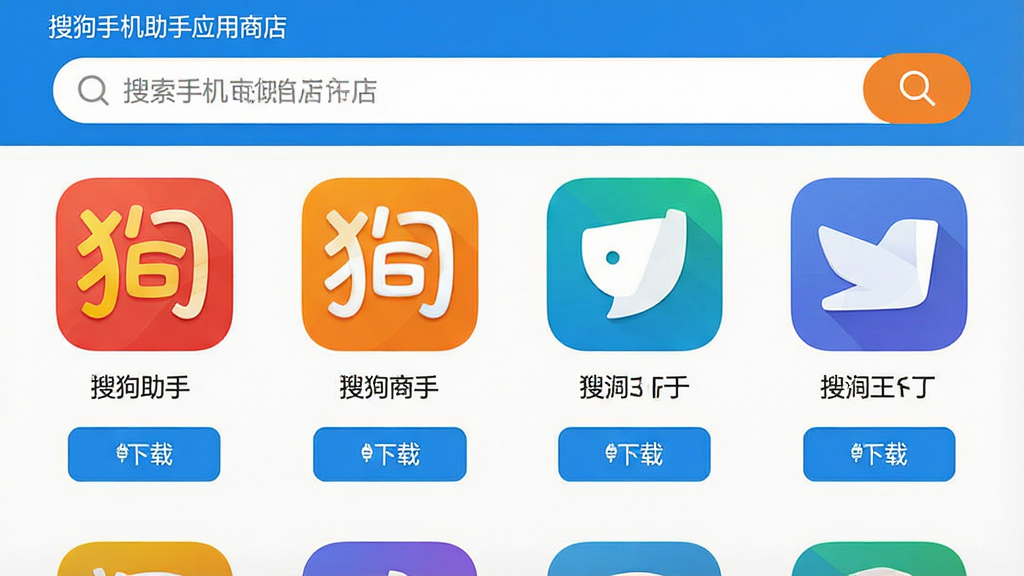 一张展示搜狗手机助手应用商店页面的图片,页面中排列着多款热门应用图标,每个图标下方有名称和下载按钮,顶部有搜索栏,整体布局清晰,色彩鲜艳,风格扁平化,画质干净,无多余元素,文字标注“搜狗手机助手应用商店”