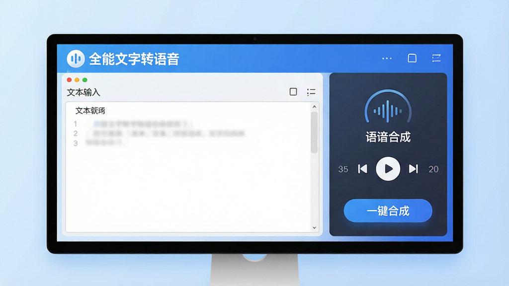 一张现代简约风格的软件功能展示图,主体是全能文字转语音的电脑主界面,界面左侧为文本输入区域,右侧为语音播放控制面板,背景为干净的浅蓝色渐变,排版清晰,风格科技感十足,细节上突出“全能文字转语音”的Logo和“一键合成”按钮,画质高清干净,无多余元素