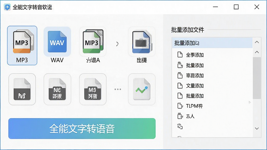 一张关于全能文字转语音软件格式选择与批量处理功能的预览图,主体是软件导出设置窗口,排列着MP3、WAV等格式选项图标和批量添加文件列表,布局规整,风格清新实用,细节展示“全能文字转语音”的快捷操作按钮,画质干净无多余元素