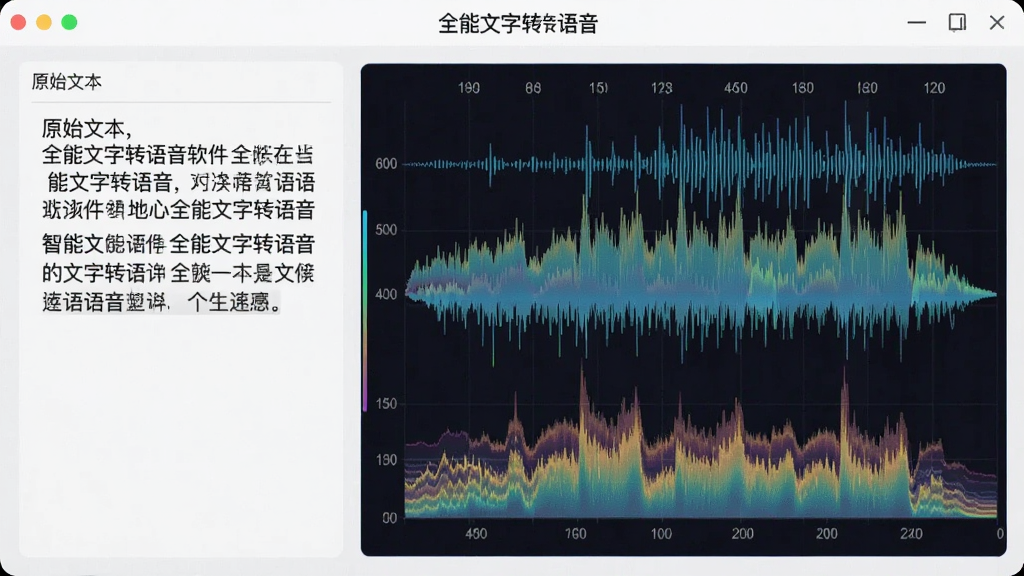 展示全能文字转语音软件中智能语音合成过程的界面截图,主体是声波可视化波形图与正在进行转换的文字段落,布局上左侧为原始文本,右侧为动态生成的音频频谱,整体风格现代简洁,突出“全能文字转语音”的科技感与精准性,画质清晰干净,无多余元素