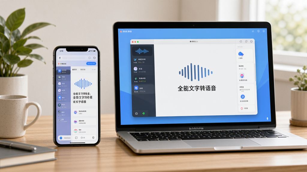 一张展示全能文字转语音在手机和电脑上同步使用的场景图,主体是并排的智能手机与笔记本电脑,屏幕上都显示着软件界面,整体布局和谐,风格生活化,细节体现“全能文字转语音”的跨平台便捷性,画质清晰干净