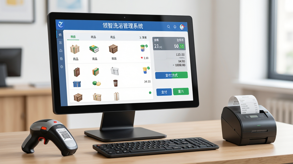 电脑屏幕前展示“领智洗浴管理系统”的收银界面,界面清晰显示商品列表、金额汇总和支付方式选项,旁边摆放着扫码枪和小票打印机,桌面整洁,光线充足,画质细腻,无多余元素。