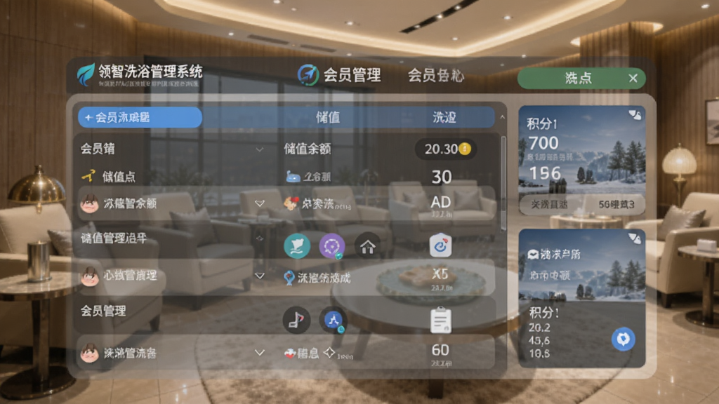 一张会员卡管理界面的截图,界面显示会员列表、储值余额、积分信息,背景是洗浴中心休息区,画面柔和,重点突出“领智洗浴管理系统”的会员管理功能。