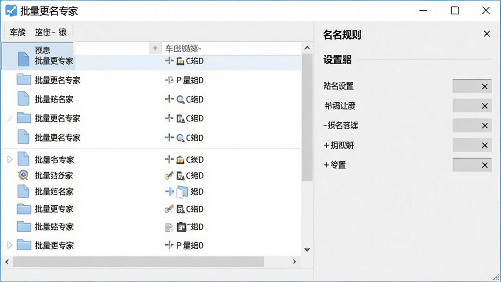 批量更名专家软件主界面预览图,左侧为文件列表区域,右侧为命名规则设置面板,整体界面采用简约浅色设计,图标清晰,布局规整,文字标注“批量更名专家”,画质干净,无多余元素