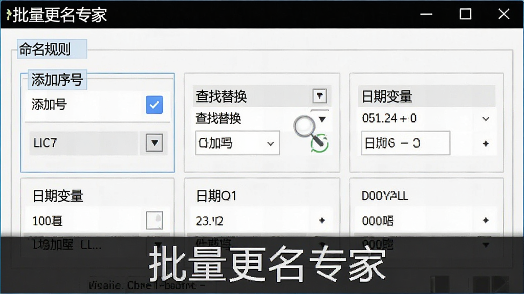 批量更名专家软件界面中命名规则设置区域的特写,展示“添加序号”、“查找替换”、“日期变量”等多个规则模块的排列,界面风格简洁,文字清晰,标注“批量更名专家”,画质高清,无多余杂物