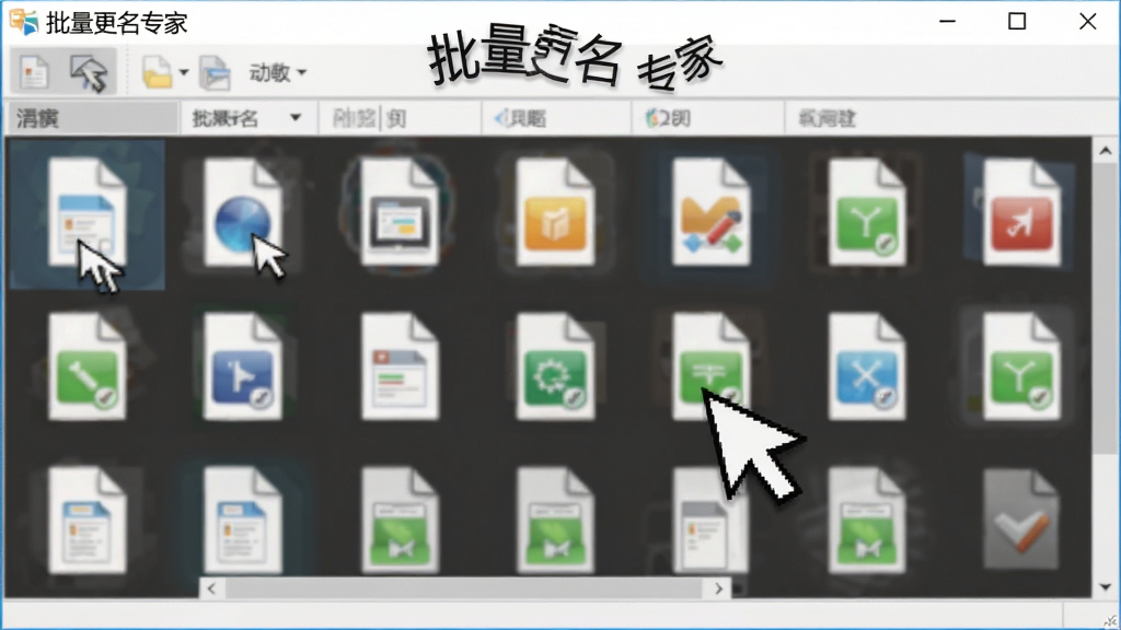 批量更名专家软件中文件列表拖拽导入动画演示,多个文件图标有序排列,鼠标拖拽动作清晰,背景为软件主界面,标注“批量更名专家”,画质流畅,无多余元素