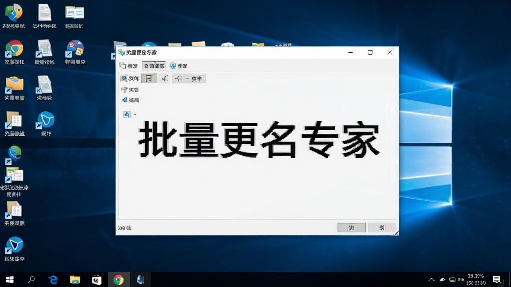 批量更名专家软件运行在Windows 10桌面上的截图,背景有清晰的任务栏和桌面图标,软件窗口处于激活状态,界面清晰,标注“批量更名专家”,画质干净,无多余元素