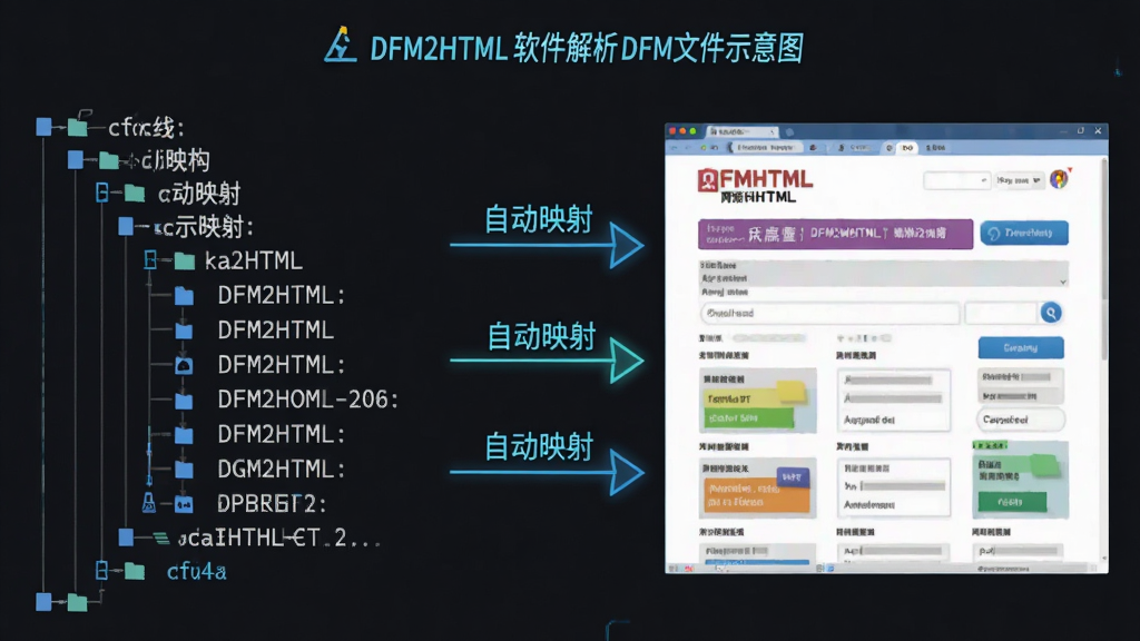 主体:DFM2HTML 软件解析 DFM 文件的示意图,展示一个树状结构的组件列表被逐一映射到右侧的网页元素。布局:左侧为源代码结构图,右侧为对应的网页预览效果,中间用箭头连接。排版:组件名称使用等宽字体,网页预览色彩丰富。风格:技术图解风格,背景为深色,线条和文字使用亮色。细节:箭头旁标注“自动映射”字样,网页预览中包含按钮、输入框等元素。画质:高清,干净,无多余元素。