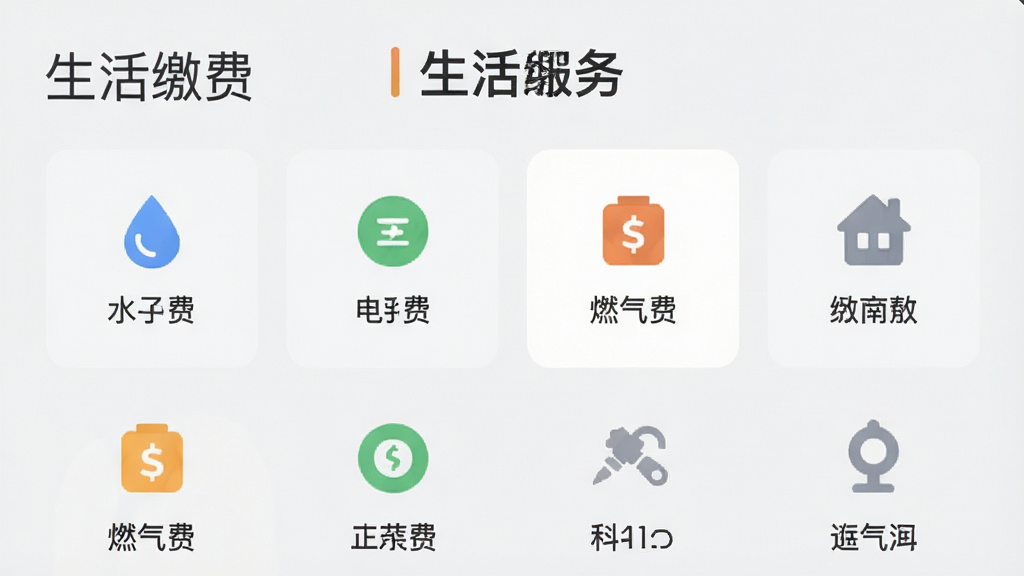 展示晨风生活APP的生活服务功能页面,页面顶部显示“生活缴费”标题,下方列出水费、电费、燃气费等多个缴费入口,每个入口配有相应图标,背景为浅灰色,整体界面清爽,画质干净,无多余元素