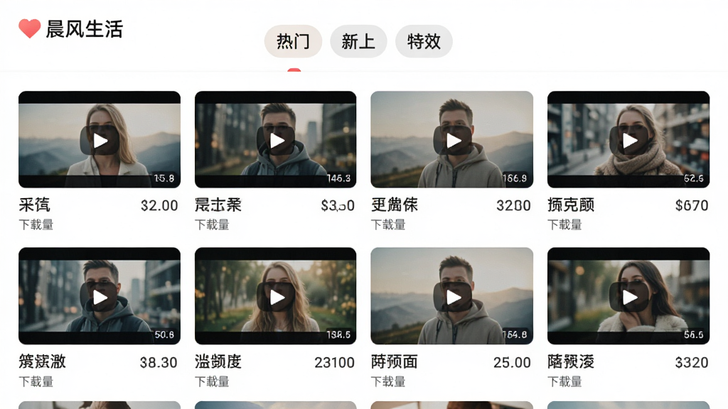 展示晨风生活APP视频素材库界面,界面以网格形式展示多个视频素材缩略图,每个缩略图下方标注素材名称和下载量,顶部有分类标签如“热门”“新上”“特效”,整体风格明亮,画质干净,无多余元素