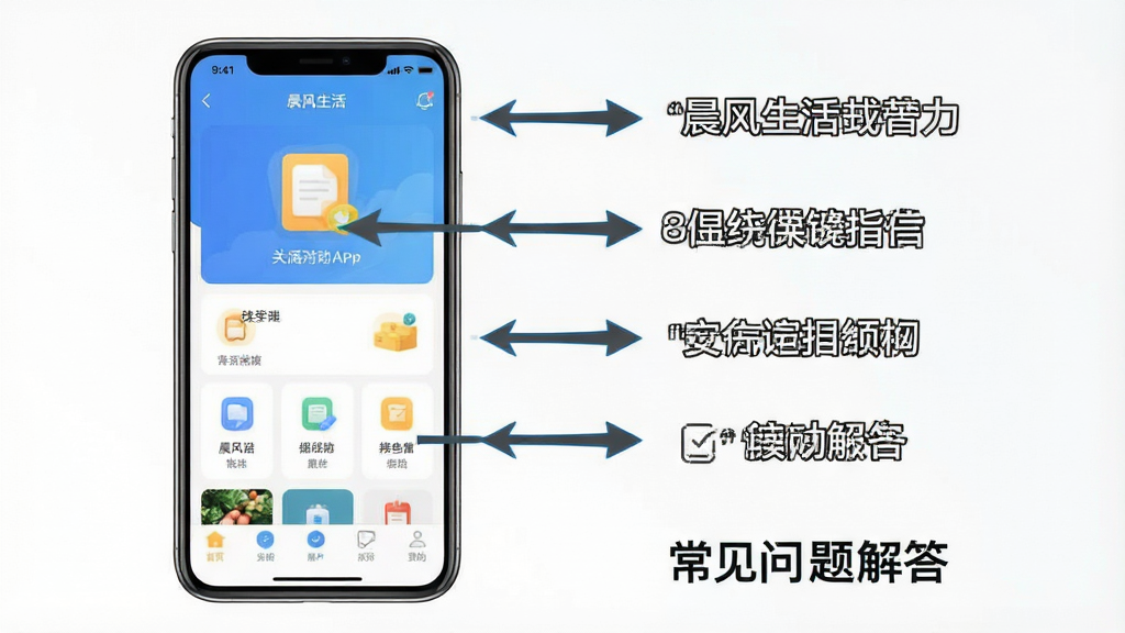 一张展示晨风生活APP使用教程的截图,画面左侧是手机屏幕显示应用主界面,右侧用箭头标注关键功能区域,底部有文字提示“常见问题解答”,整体风格简洁,画质干净,无多余元素