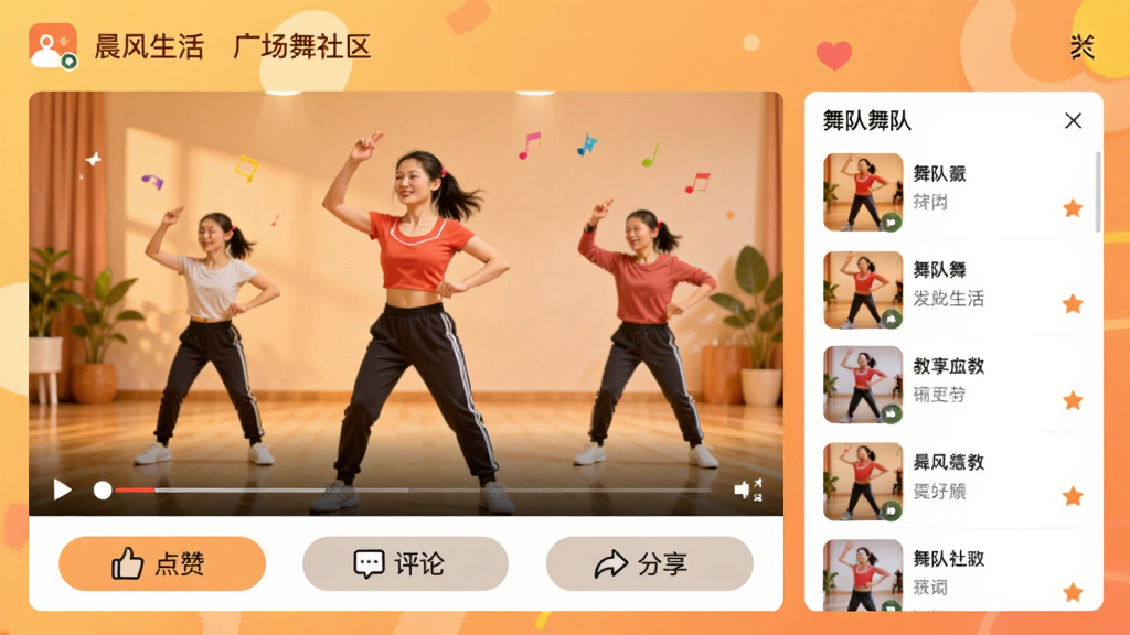 展示晨风生活APP广场舞社区页面,页面中央播放一段广场舞教学视频,视频下方有“点赞”“评论”“分享”按钮,右侧显示舞队列表,背景为暖色调,整体氛围活泼,画质干净,无多余元素