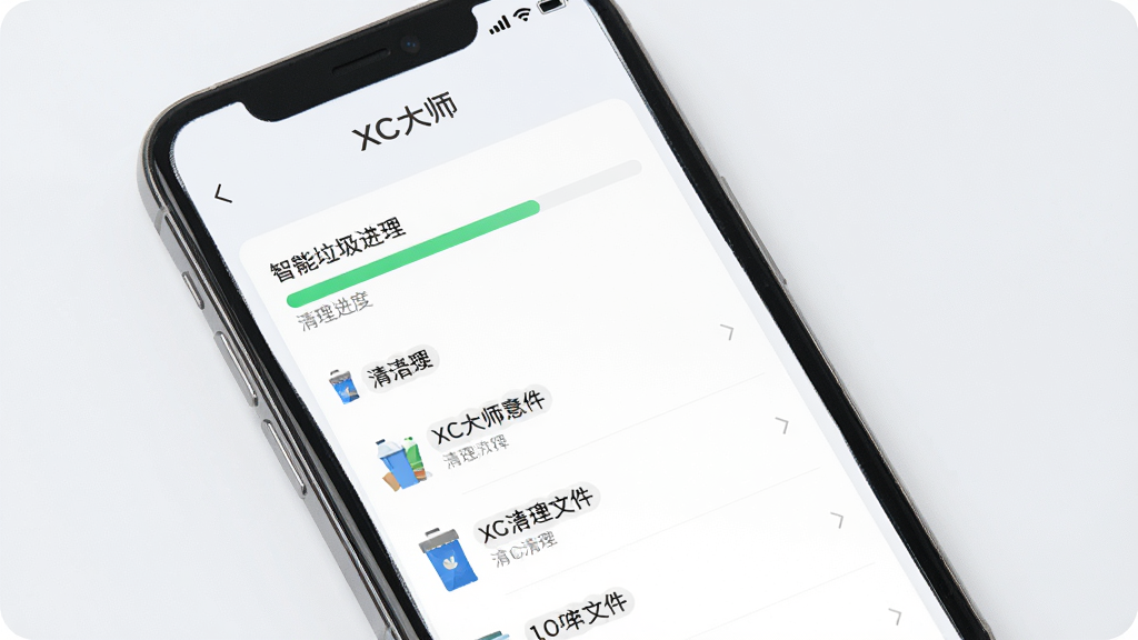 展示XC大师智能垃圾清理功能的操作界面,手机屏幕显示清理进度条和可清理文件列表,背景为浅色系,界面有“XC大师”标识,风格清新简洁,画质细腻,无多余元素