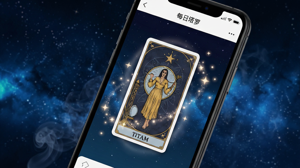 主体为塔塔屋应用在手机屏幕上显示的界面,界面中央是一张精美的塔罗牌逆位展示,牌面图案神秘而细腻,周围环绕着柔和的星光粒子特效。布局采用居中构图,手机微微倾斜,背景是深蓝色星空与淡淡的烟雾,营造出神秘宁静的氛围。排版上,手机屏幕内可见简洁的导航栏和“每日塔罗”字样,整体风格为扁平化结合轻微拟物,细节上牌面纹路清晰可见,画质高清,干净,无多余元素。