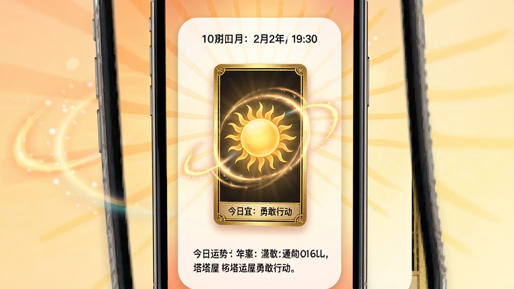 主体为塔塔屋“每日运势”卡片展示,一张金边塔罗牌悬浮于手机屏幕中央,牌面是一个发光的太阳图案,下方配有“今日宜:勇敢行动”文字。布局采用竖屏卡片式,背景是柔和的渐变橙色与淡黄色,象征清晨阳光。排版上,卡片圆角较大,上方是时间日期,中部是牌面,底部是运势摘要。整体风格清新明亮,细节上太阳光芒有动态光晕效果,画质通透,干净,无多余元素。