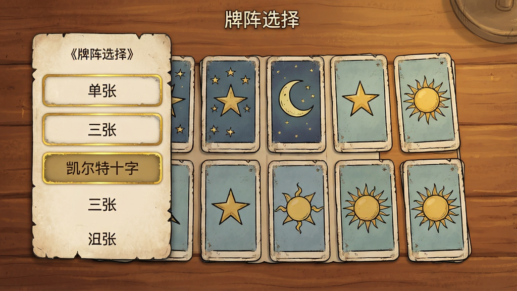 主体为塔塔屋应用“牌阵选择”界面,背景是温暖的木桌,上面摆放着展开的塔罗牌阵,牌面图案各异,有星星、月亮、太阳等符号。布局采用平视视角,界面悬浮在木桌上方,左侧列出“单张”、“三张”、“凯尔特十字”等选项,选中项高亮为金色边框。排版简洁清晰,整体风格为复古手绘风,细节上牌面边缘有磨损做旧效果,画质细腻,干净,无多余元素。
