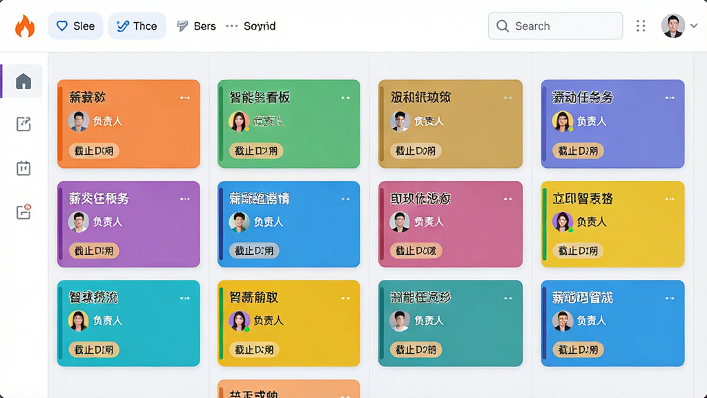 一张展示“薪火”软件智能任务看板功能的界面预览图,画面中多个彩色任务卡片整齐排列在看板列中,卡片上显示任务标题、负责人头像和截止日期标签,顶部有筛选和搜索栏,整体UI风格简洁现代,色彩明快,布局清晰,画质高清,无多余元素