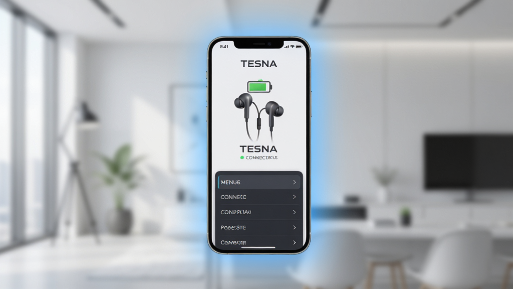 主体:TESNA软件界面在智能手机上显示,背景为现代简约风格,呈现耳机连接状态与电量信息。布局:手机居中,周围有柔和的蓝色光晕,界面元素清晰可见。排版:界面展示电池图标、连接状态和菜单列表。风格:科技感、干净明亮。细节:耳机图案与软件名称“TESNA”字样,背景虚化。画质:高清渲染,干净无多余元素。