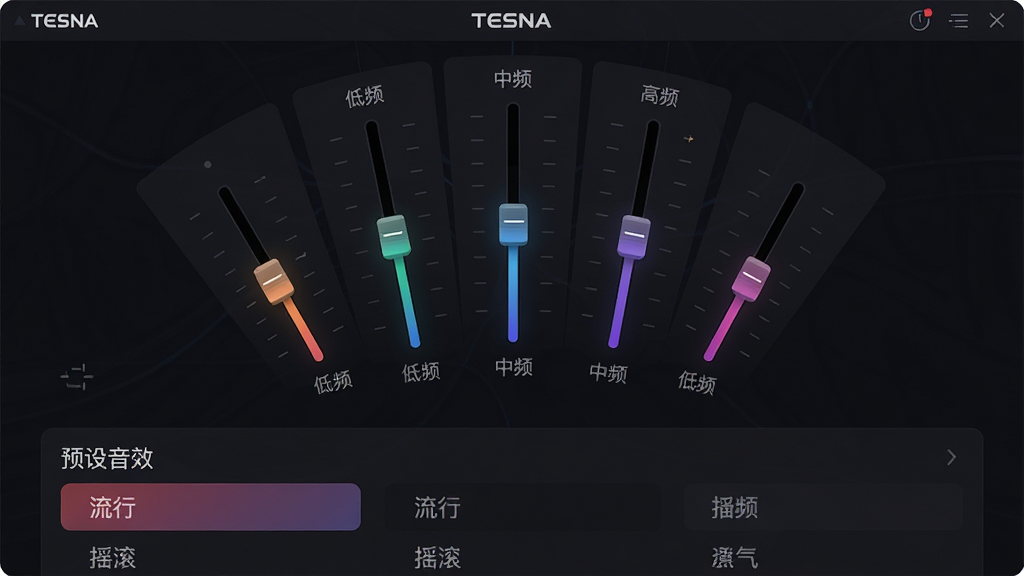 主体:TESNA软件的音效调节界面,展示EQ均衡器滑块。布局:界面中央为多段式均衡器,下方为预设音效列表。排版:滑块呈弧形排列,色彩渐变。风格:时尚简洁,深色背景。细节:滑块上标注“低频”“中频”“高频”,预设名称如“流行”“摇滚”。画质:细腻渲染,干净无多余元素。