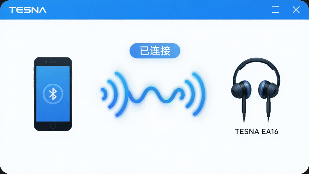主体:TESNA软件的设备连接界面,手机与耳机之间的蓝牙信号示意。布局:左侧为手机图标,右侧为耳机图标,中间为动态波浪线表示连接。排版:界面简洁,有“已连接”文字提示。风格:现代科技风,蓝色主调。细节:信号波纹和耳机型号“TESNA EA16”标注。画质:高清晰,干净无多余元素。