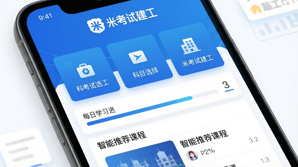 米考试建工App主界面展示,顶部显示“米考试建工”品牌标识,中间为科目选择卡片,下方为每日学习进度条与智能推荐课程列表,整体采用蓝色科技感风格,扁平化设计,界面干净整洁,高清晰度,无多余元素