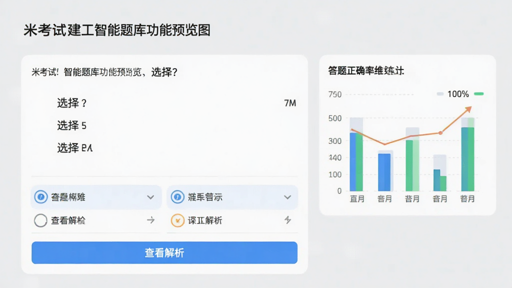 米考试建工智能题库功能预览图,界面展示一道选择题,下方为答题选项与“查看解析”按钮,右侧有答题正确率统计图表,背景为浅灰色,整体风格简洁明快,突出学习数据可视化,画质清晰,干净无多余元素