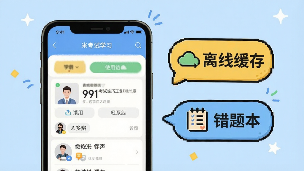 米考试建工使用技巧示意图,展示手机端学习界面,旁边有提示气泡标注“离线缓存”“错题本”,背景为浅蓝色,风格活泼,画质清晰,干净无多余元素