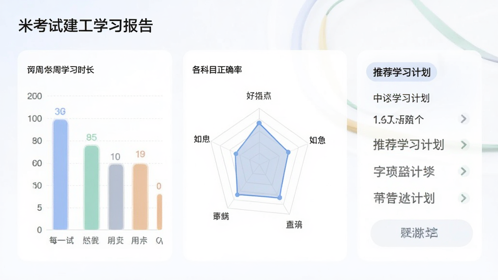 米考试建工学习报告页面,展示本周学习时长柱状图、各科目正确率雷达图,以及推荐学习计划卡片,整体配色柔和,数据可视化清晰,风格现代,画质干净,无多余元素