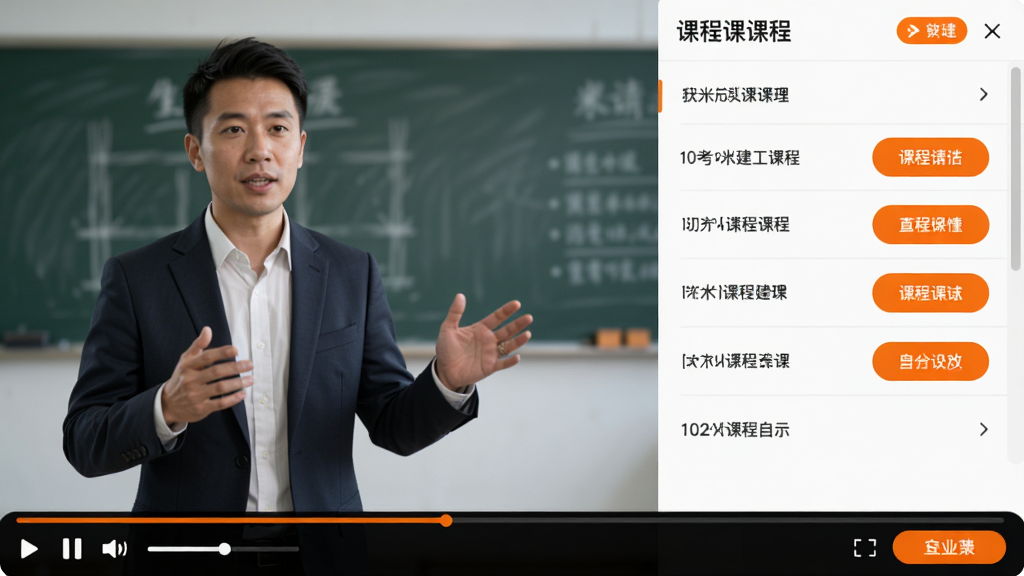 米考试建工视频课程播放页面,左侧为讲师讲解画面,右侧为课程目录列表,底部有播放控制条,界面色彩以白色为主,搭配橙色高亮按钮,整体风格教育化,画质高清,无多余元素