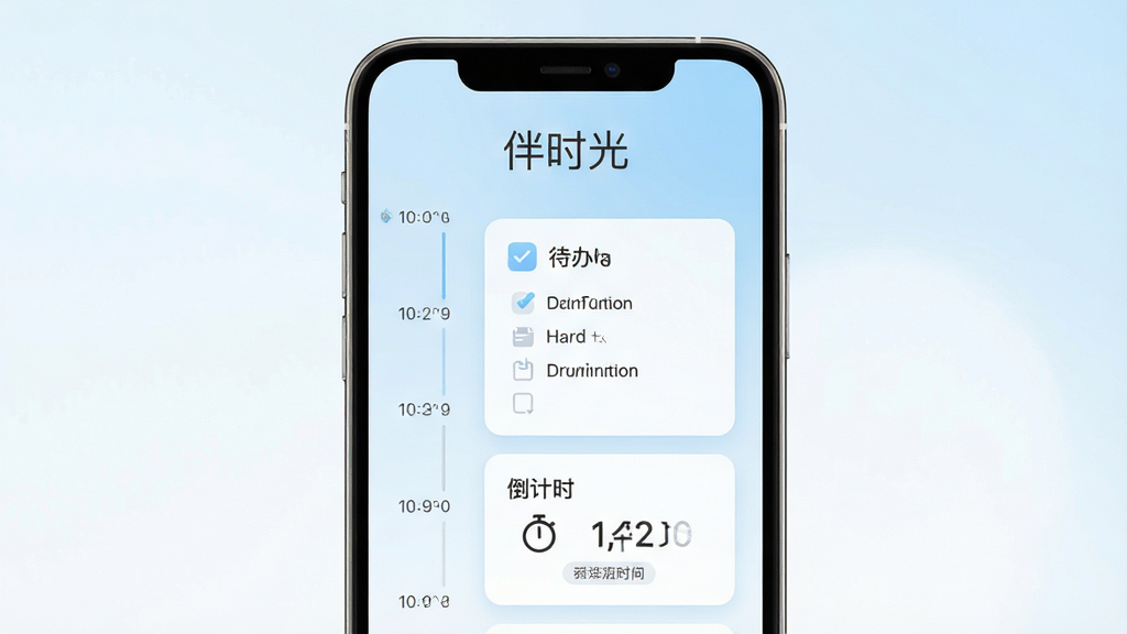 主体:伴时光应用主界面展示,手机屏幕内显示时间轴、待办清单和倒计时卡片,背景是温馨的浅蓝色渐变。布局:手机居中,界面元素清晰可见,四周留白。排版:现代化扁平设计,卡片式布局,文字“伴时光”位于屏幕上方。风格:简约清新,明亮通透。细节:图标精致,文字清晰,色彩柔和。画质:高清渲染,干净无多余元素。