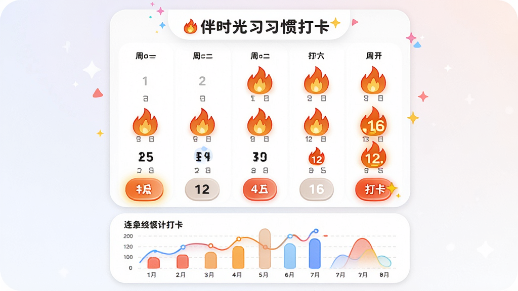 主体:伴时光的习惯打卡界面,显示一周打卡日历,带有火焰图标表示连续天数。布局:日历网格居中,下方有统计图表。排版:卡片式设计,图标醒目。风格:活泼激励。细节:打卡按钮高亮,连续天数用数字突出。画质:高清,干净无多余元素。
