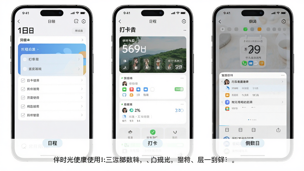 主体:伴时光的使用界面截图拼接,展示日程、打卡、倒数日三个核心页面。布局:三张手机截图水平排列,底部有文字说明。排版:整齐排列,每张截图下方配有小标签。风格:现代简洁。细节:截图内容清晰,标签字体小巧。画质:高清,干净无多余元素。