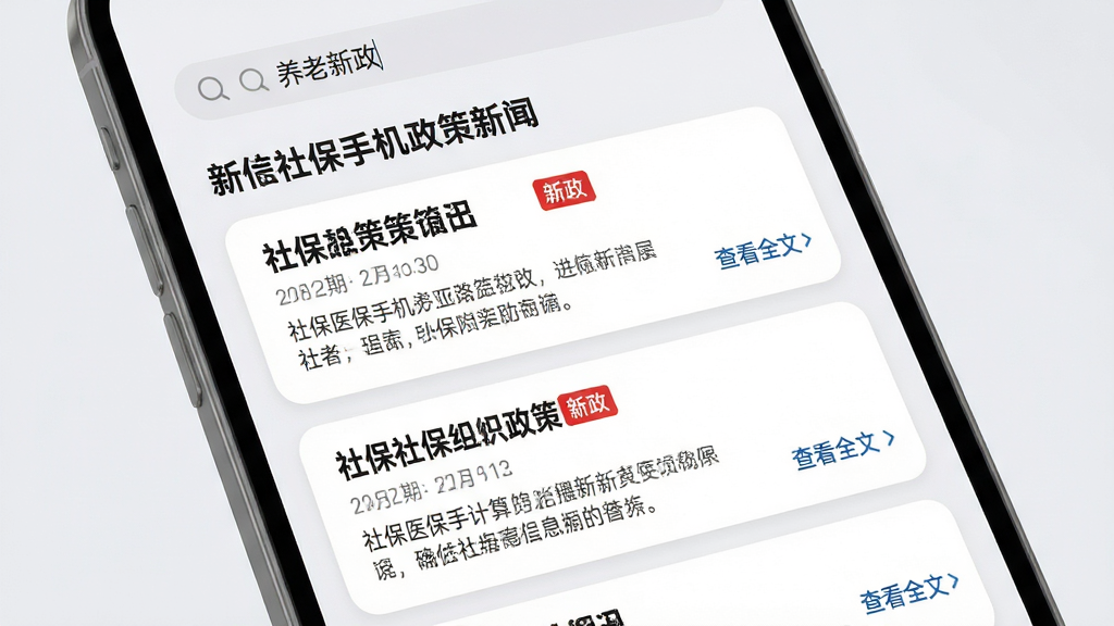 主体:“社保医保手机计算”APP的政策资讯页面。布局:以信息流形式展示最新的社保政策新闻卡片,每张卡片包含标题、发布日期和摘要。排版:列表式布局,标题加粗,摘要为两行灰色小字,配以简洁的红色“新政”标签。风格:新闻阅读类APP风格,背景为浅灰色,卡片为白色圆角矩形。细节:屏幕顶部搜索栏有“养老新政”字样,卡片右侧有“查看全文”链接。画质:高清文字渲染,界面干净明亮,无多余元素。