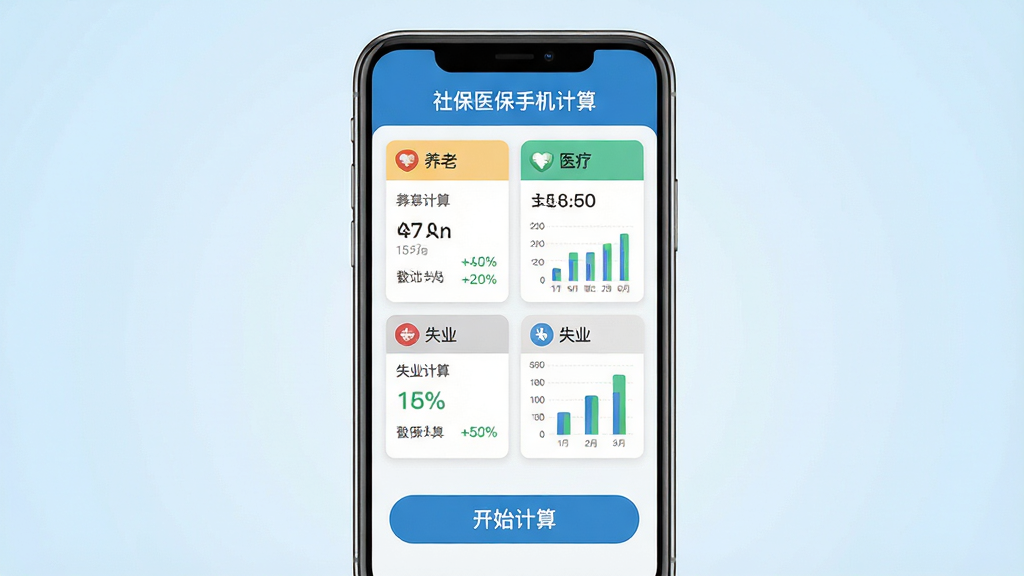 主体:“社保医保手机计算”APP的界面预览图,展示在智能手机屏幕上,背景为干净的浅蓝色渐变。布局:手机居中,屏幕内清晰显示养老、医疗、失业等分项计算卡片,以及一个醒目的“开始计算”按钮。排版:卡片式布局,数据以列表和柱状图形式呈现,界面整洁。风格:扁平化设计,色彩清新专业,符合政务与金融类应用的视觉风格。细节:屏幕顶部显示“社保医保手机计算”字样,计算结果以数字和百分比显示,图标线条流畅。画质:高清渲染,细节丰富,干净无多余元素。