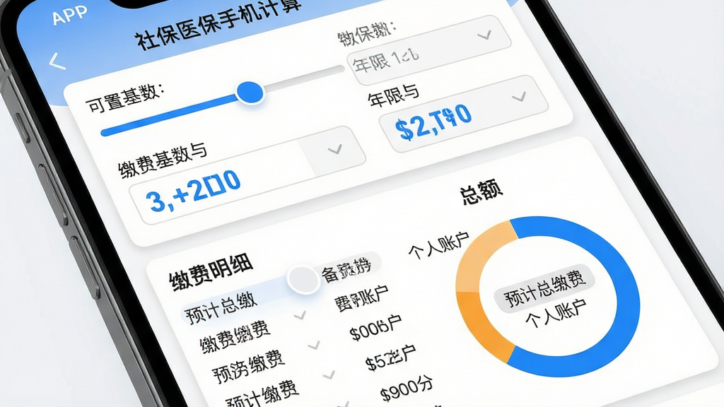 主体:手机屏幕特写,显示“社保医保手机计算”APP的多维度缴费测算界面。布局:上部为可调节的滑动条和输入框,用于设置缴费基数与年限;下部为动态生成的缴费明细列表和总额圆环图。排版:数据对齐工整,关键数值用蓝色加大字体突出显示。风格:现代信息图表风格,背景为白色,卡片带有轻微阴影。细节:圆环图上标注“预计总缴费”与“个人账户”等标签,文字清晰。画质:精细的界面渲染,色彩准确,干净无多余元素。