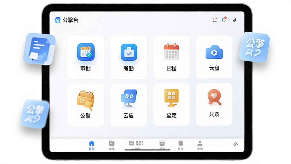 公擎企业工作台界面,主体为平板电脑屏幕显示公擎APP工作台页面,布局为宫格状图标排列,包含审批、考勤、日程、云盘等模块,风格轻商务,细节有应用图标悬浮阴影和底部导航栏,画质高清,干净无多余元素