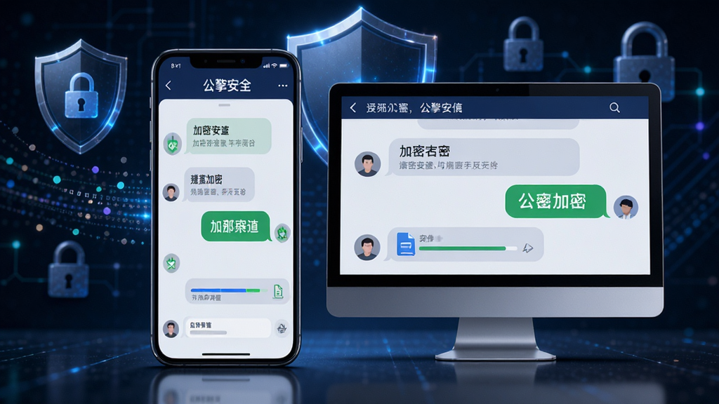 公擎安全聊天界面,主体为手机与电脑并排显示加密聊天对话,背景有盾牌与锁的图标元素,布局为对称式,聊天界面包含对话气泡、加密标识和文件传输进度条,风格偏科技感,细节渲染数据流和加密颗粒,画质清晰,干净无多余元素