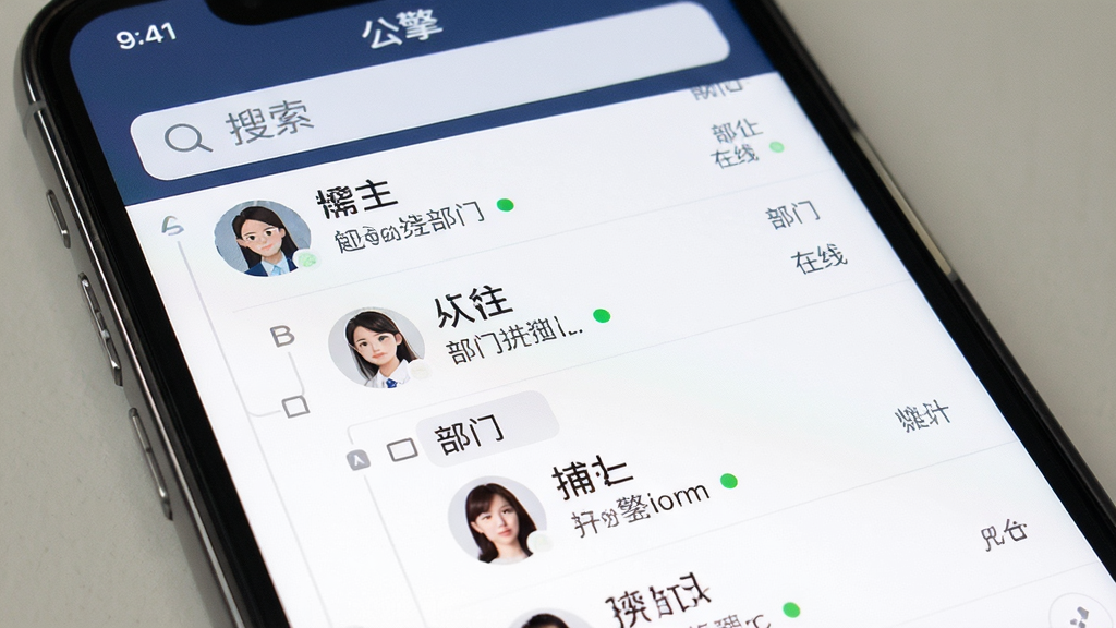 公擎组织通讯录界面截图,主体为智能手机屏幕显示公擎APP通讯录页面,布局为列表式排列,顶部有搜索栏,每个联系人条目包含头像、姓名、部门和在线状态小绿点,风格简洁清晰,细节突出树形部门结构和字母索引条,画质高清,干净无多余元素