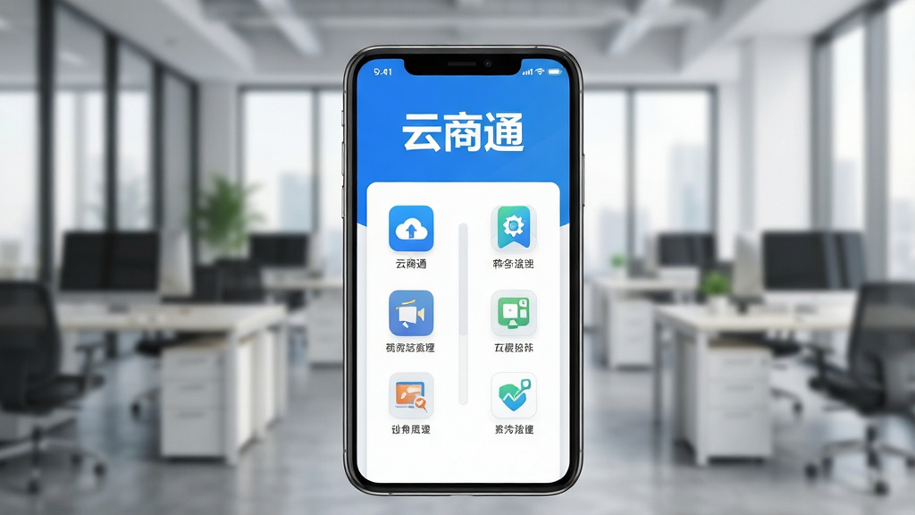 一幅展示云商通软件在智能手机上运行的画面,手机屏幕界面清晰显示“云商通”三个字和主要功能图标,背景是模糊的现代办公室环境,主体突出软件界面,布局居中,排版整洁,风格写实,细节丰富,画质高清干净无多余元素
