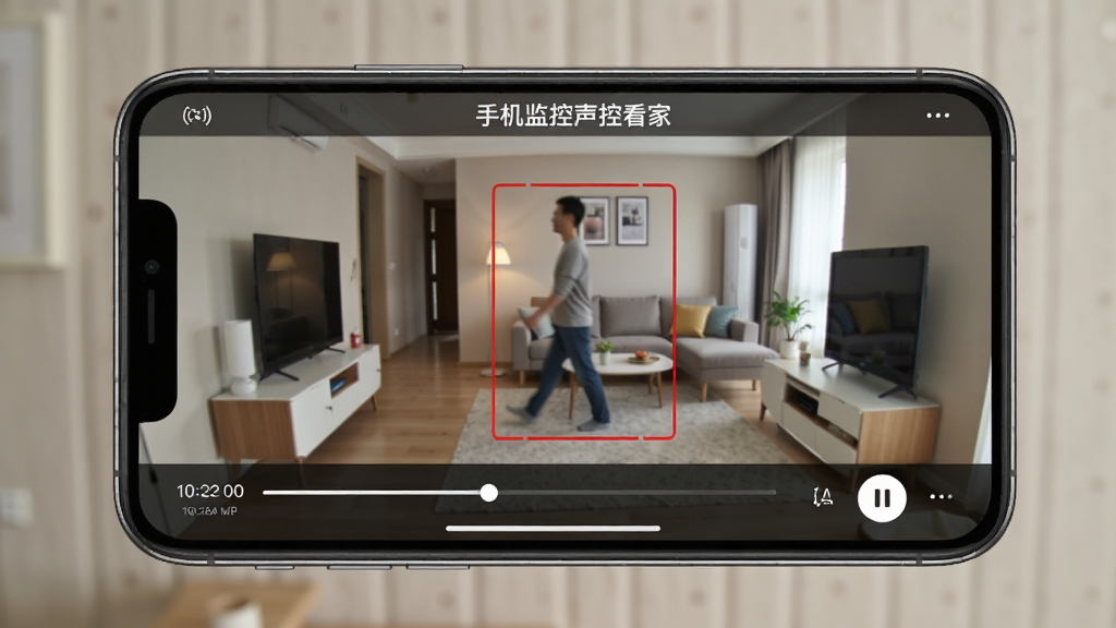 手机屏幕展示“手机监控声控看家”APP的移动侦测录像回放界面,画面中有一个人在客厅走动,被红色框标记。屏幕下方有时间轴和播放按钮。背景是室内墙面,光线均匀。构图突出手机屏幕内容,风格写实,细节清晰,画质高清,干净无多余元素。