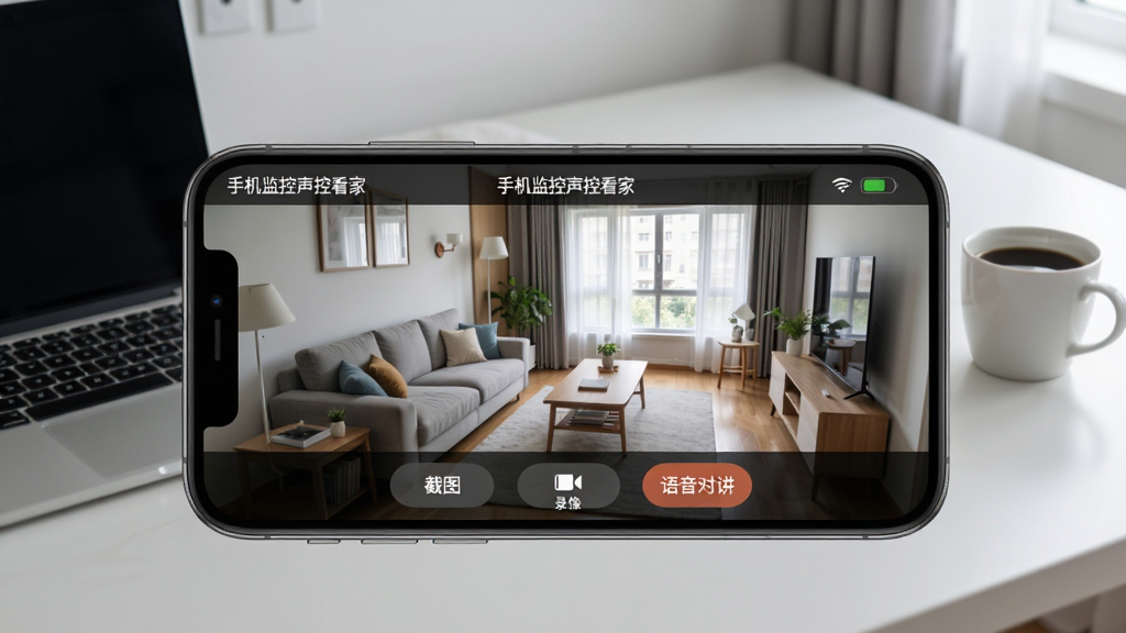 手机横屏显示“手机监控声控看家”APP实时监控画面,画面中是客厅全景,能看到沙发、电视和窗户。手机下方有“截图”、“录像”、“语音对讲”按钮。背景是简洁的卧室桌面,有笔记本电脑和咖啡杯。构图以手机为主体,风格写实,画面清晰,细节丰富,画质高清,干净无多余元素。