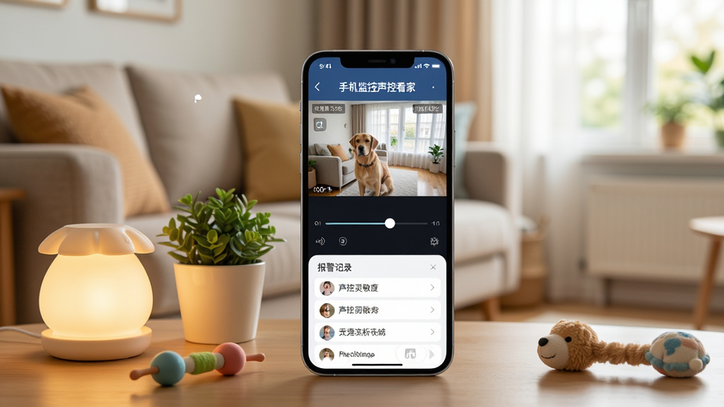 画面中央是一部智能手机,屏幕显示“手机监控声控看家”APP界面,界面有实时监控画面、声控灵敏度调节滑块和报警记录列表。手机旁边摆放小夜灯、绿植和宠物玩具,背景是温馨的客厅沙发和窗户,光线明亮柔和。整体构图清晰,突出APP界面,风格写实,细节丰富,画质高清,干净无多余元素。