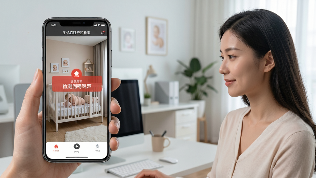 一位年轻妈妈在办公室用手机查看“手机监控声控看家”APP,屏幕显示家中婴儿房画面,并弹出“检测到啼哭声”报警提示。画面分为左手机右场景布局,手机界面清晰,背景为现代简约办公室。风格写实,色彩柔和,细节到位,画质高清,干净无多余元素。