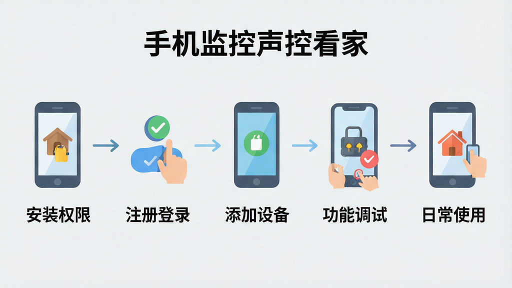 一张操作流程图,展示“手机监控声控看家”APP从安装到设置的五个步骤:安装权限、注册登录、添加设备、功能调试、日常使用。步骤以图标和文字形式横向排列,背景为浅灰底,线条简洁,风格扁平化,色彩明快,画质高清,干净无多余元素。