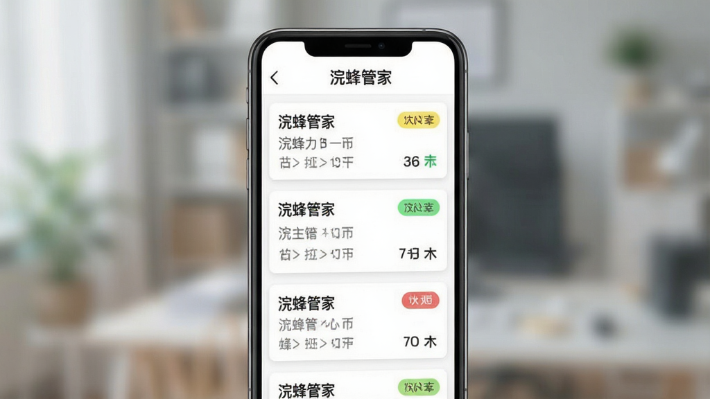 浣蜂管家订单管理功能截图预览,画面主体为手机界面中的订单列表页面,顶部带有“浣蜂管家”字样,各类订单以卡片形式纵向排列,状态标签用不同颜色区分,布局清晰,风格简约现代,背景虚化处理突出主体,画质干净,无多余元素