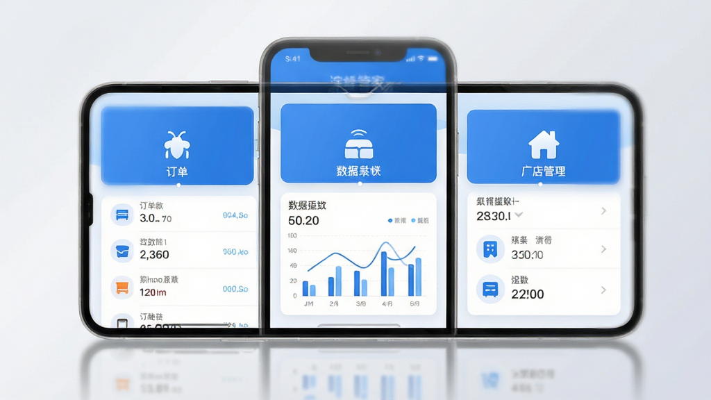 浣蜂管家软件的主界面预览图,整体采用蓝白配色的扁平化设计风格,主体为一部智能手机屏幕占据画面中央,屏幕内清晰展示订单列表、数据图表和门店管理三大功能模块的图标布局,排版整齐有序,背景为浅灰色渐变,风格简洁明亮,细节丰富,画质干净,无多余元素